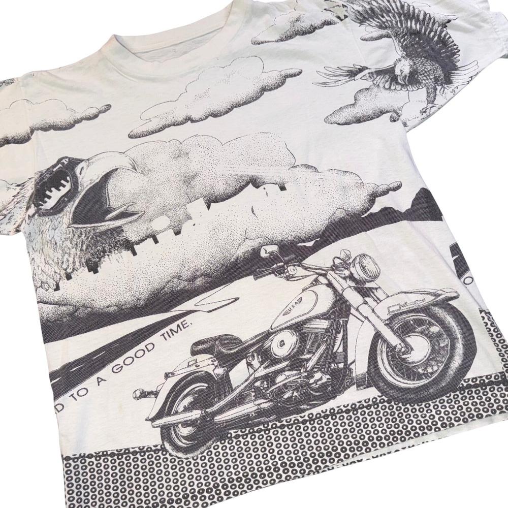 Vintage 90s All Over Print Eagle Motorcycle T-Shirt Single Stitch White 22x26 - Picture 5 of 8